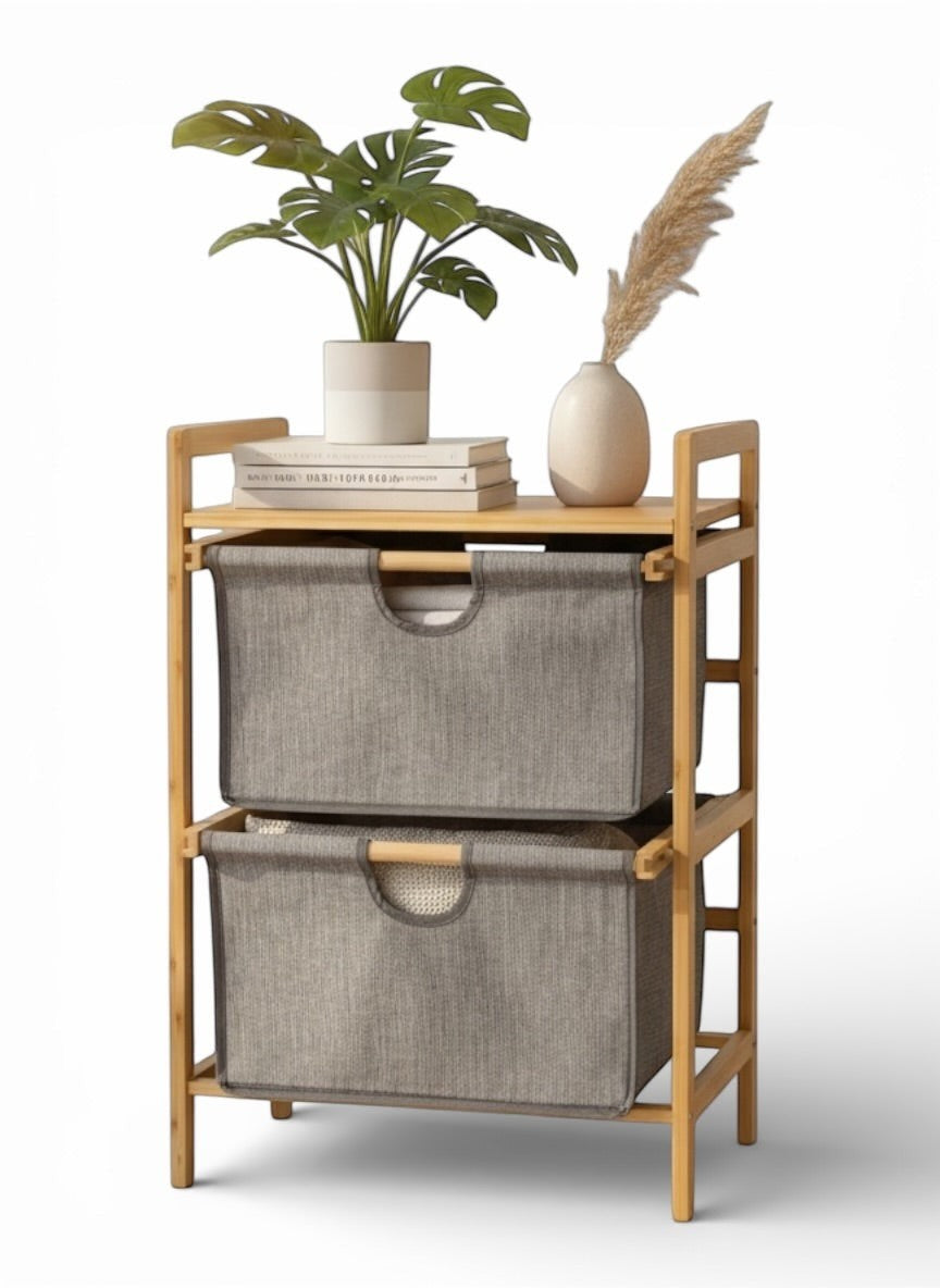 High Objects Nordic Nest Organizer with wooden frame and two grey fabric bins. Includes decorative plant and vase.