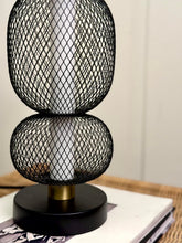 High Objects Nova Mesh Duo Table Lamp with black mesh double sphere shade and brushed gold accents.