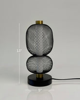High Objects Nova Mesh Duo Table Lamp, black mesh double sphere design with brushed gold accents and black base.
