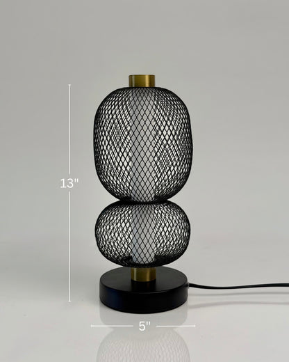 High Objects Nova Mesh Duo Table Lamp, black mesh double sphere design with brushed gold accents and black base.