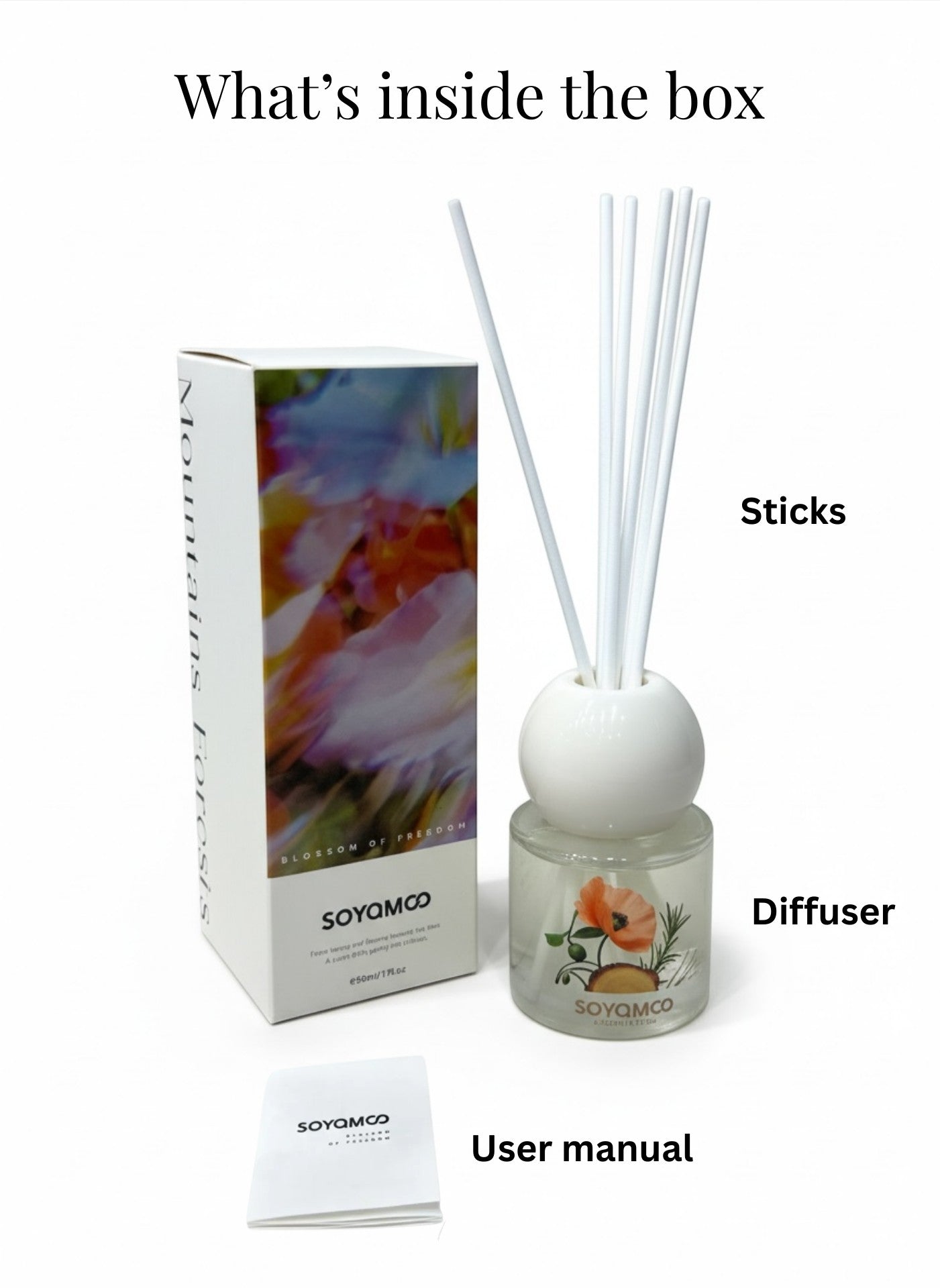 High Objects elegant frosted glass reed diffuser with floral artwork and ocean scent, 50ML.