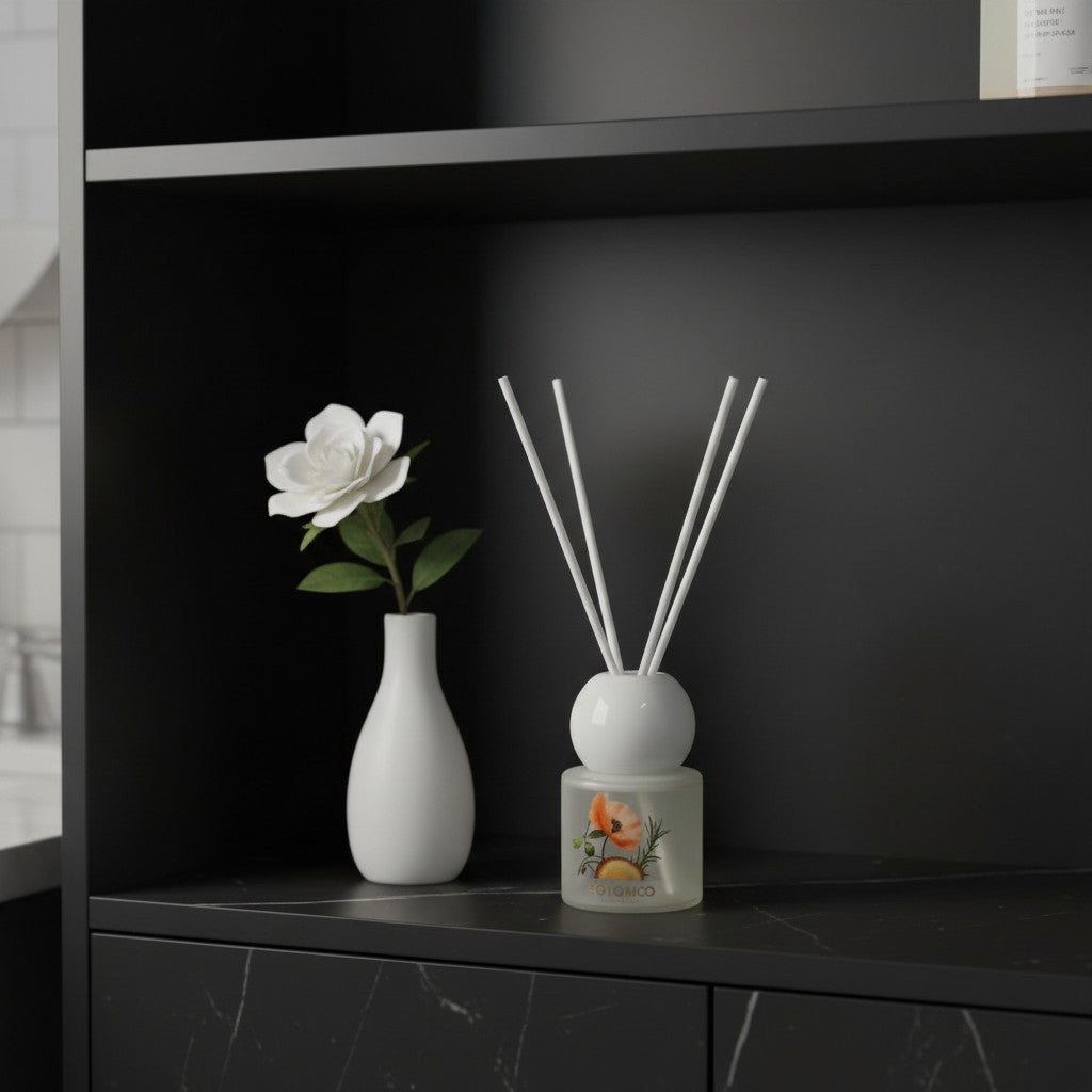 High Objects frosted glass reed diffuser with floral artwork and Ocean scent. Includes white reeds.