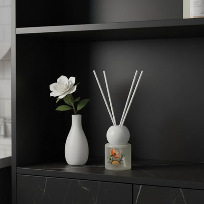 High Objects frosted glass reed diffuser with floral artwork and Ocean scent. Includes white reeds.