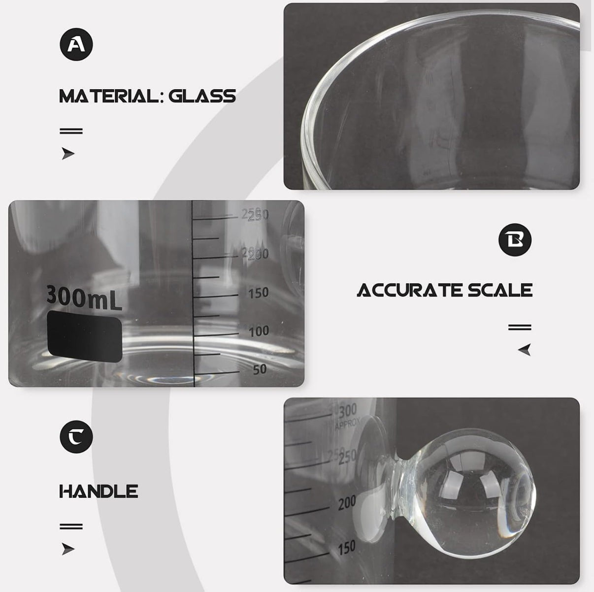 High Objects Orb Glass Cup Set, 300ml borosilicate glass cup with orb handle and measurement markings.