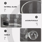 High Objects Orb Glass Cup Set, 300ml borosilicate glass cup with orb handle and measurement markings.