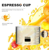 High Objects Orb Glass Cup Set, clear borosilicate glass with orb handle, 300ml capacity with measurement markings.