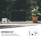 High Objects Orb Glass Cup Set, clear borosilicate glass espresso cup with orb handle and 300ml markings.