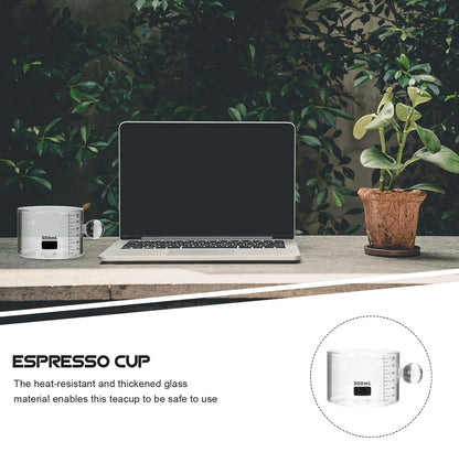 High Objects Orb Glass Cup Set, clear borosilicate glass espresso cup with orb handle and 300ml markings.