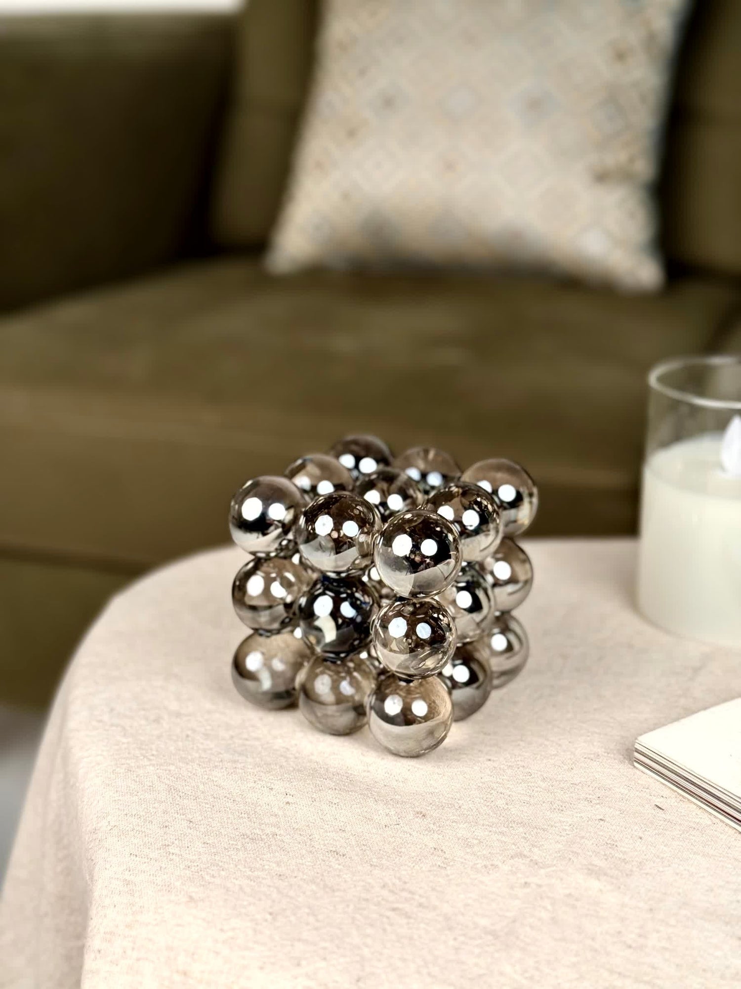 High Objects Orbital Luxe Sculptural Artefact, chrome spheres, geometric cube design, modern accent decor