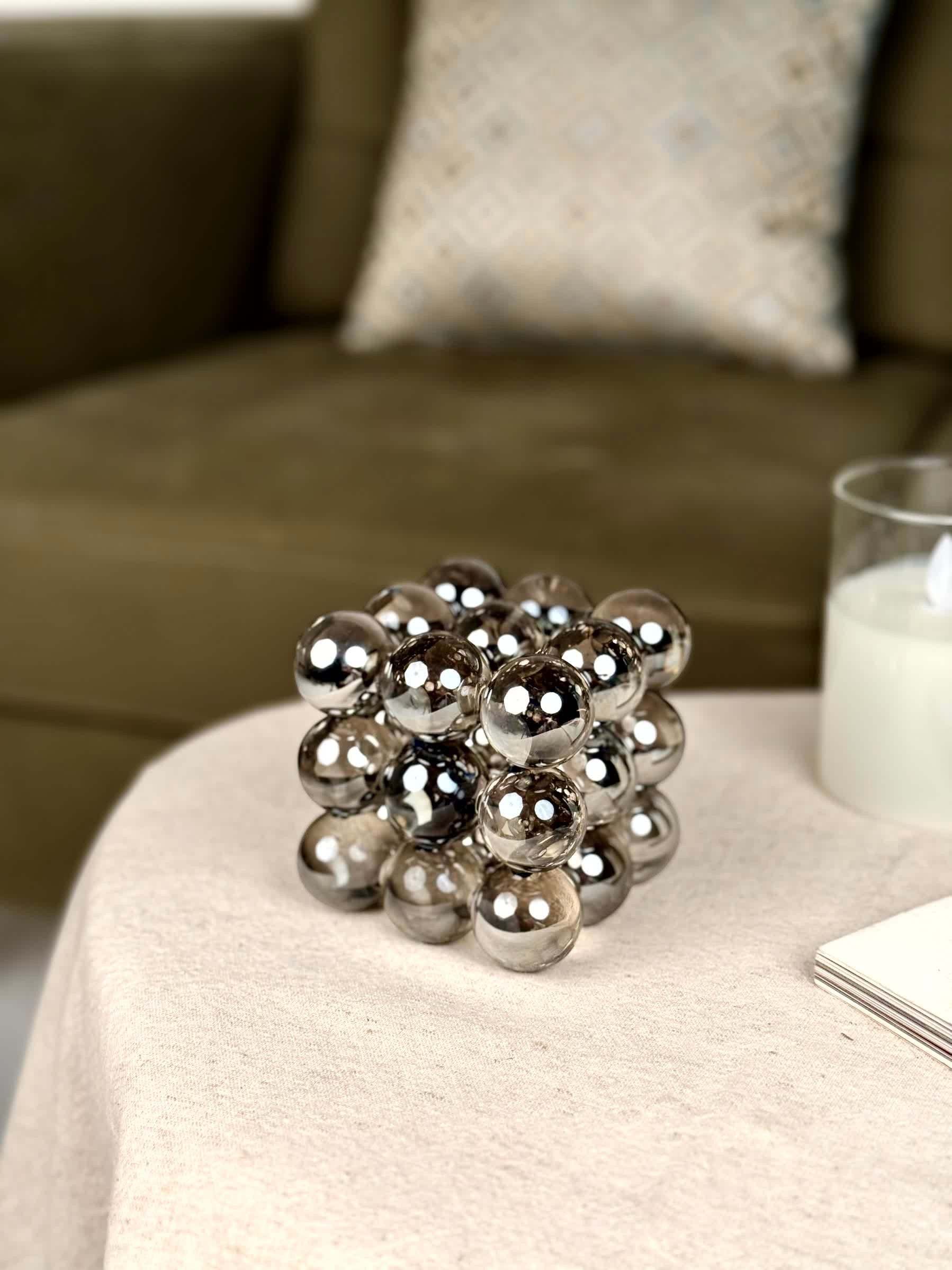 High Objects Orbital Luxe Sculptural Artefact, chrome spheres, geometric cube design, modern accent decor