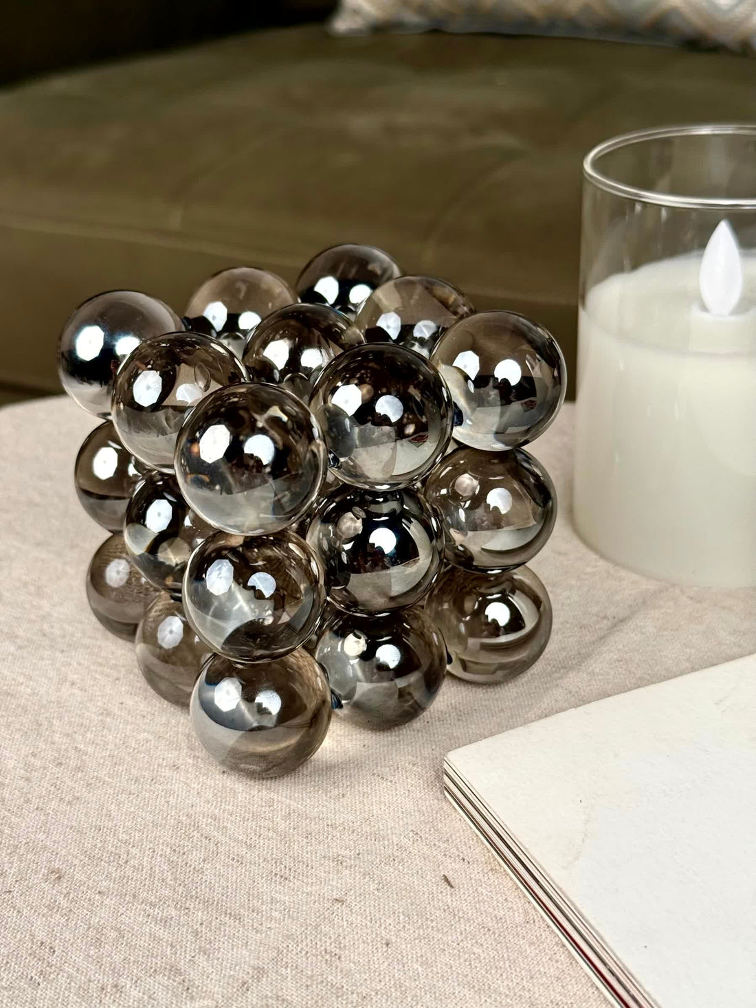 High Objects Orbital Luxe Sculptural Artefact, clustered mirrored spheres in chrome finish, geometric décor accent.