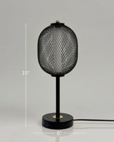 High Objects Orion black mesh pedestal table lamp with gold accent, 15" tall, 6" base.