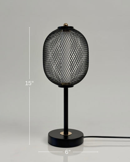 High Objects Orion black mesh pedestal table lamp with gold accent, 15" tall, 6" base.
