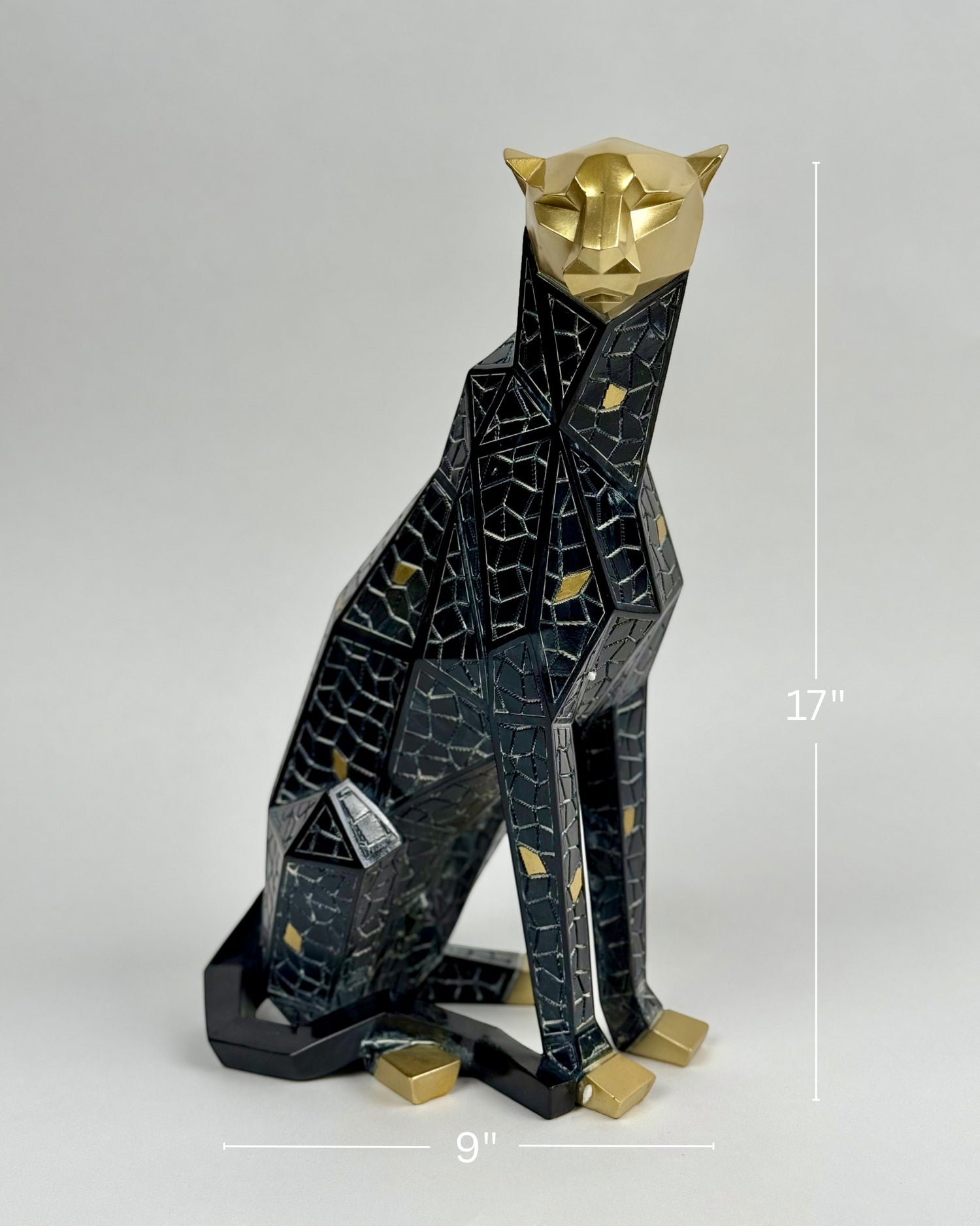 High Objects black and gold geometric panther showpiece, abstract mosaic pattern, polyresin, modern decor accent.