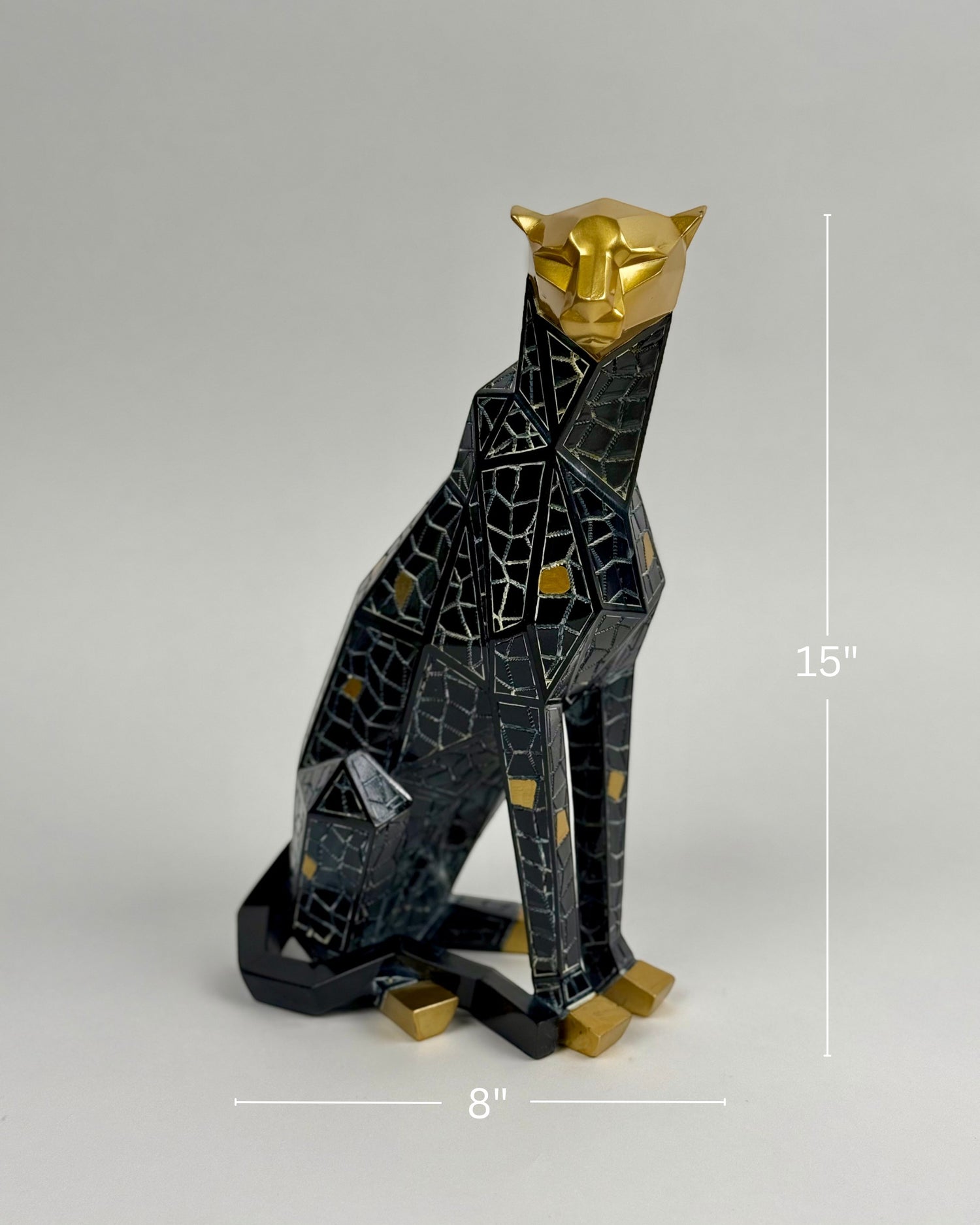 High Objects black and gold mosaic panther showpiece, abstract geometric design, polyresin, 15" H x 8" W.