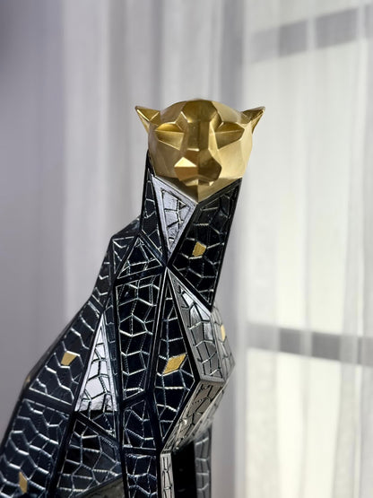High Objects abstract panther showpiece with gold geometric head and black mosaic body, made of polyresin.