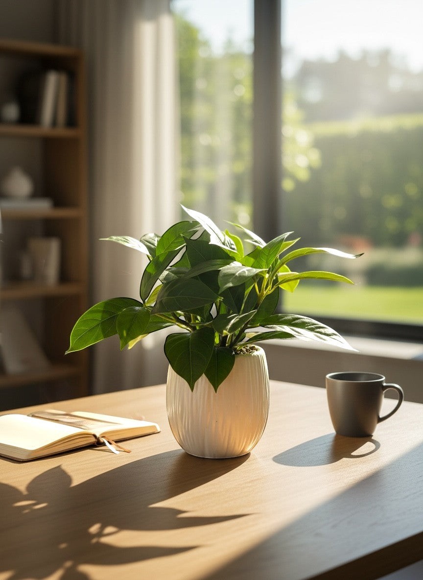 High Objects decorative potted plant in a textured white vase on a wooden table.