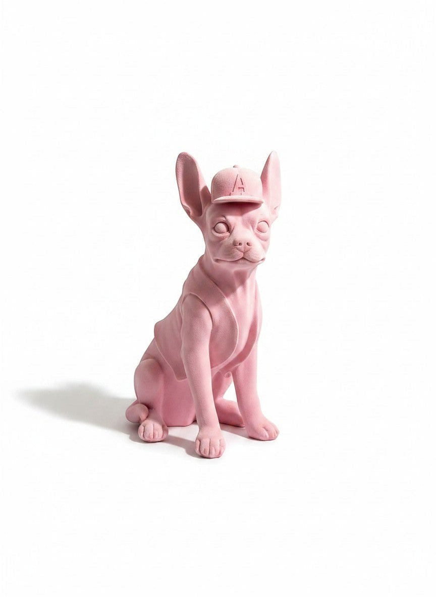 High Objects matte pink French bulldog sculpture wearing a baseball cap with an &
