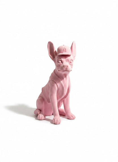 High Objects matte pink French bulldog sculpture wearing a baseball cap with an &