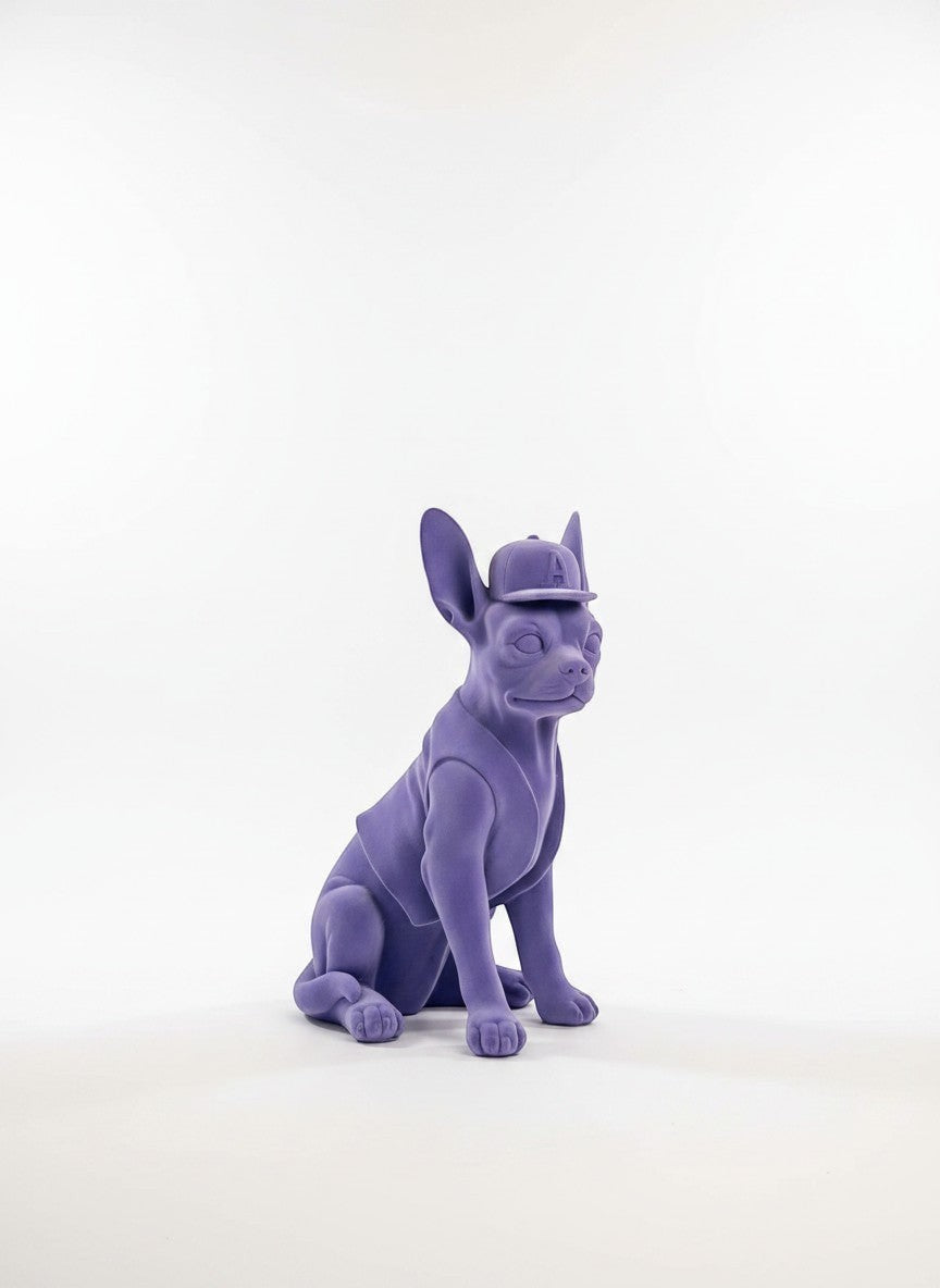 High Objects matte purple French bulldog sculpture wearing a baseball cap and vest, a playful decor accent.
