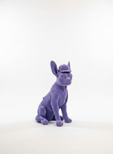 High Objects matte purple French bulldog sculpture wearing a baseball cap and vest, a playful decor accent.