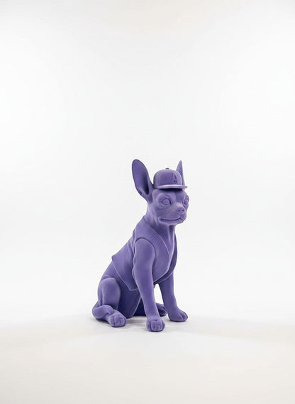 High Objects matte purple French bulldog sculpture wearing a baseball cap and vest, a playful decor accent.