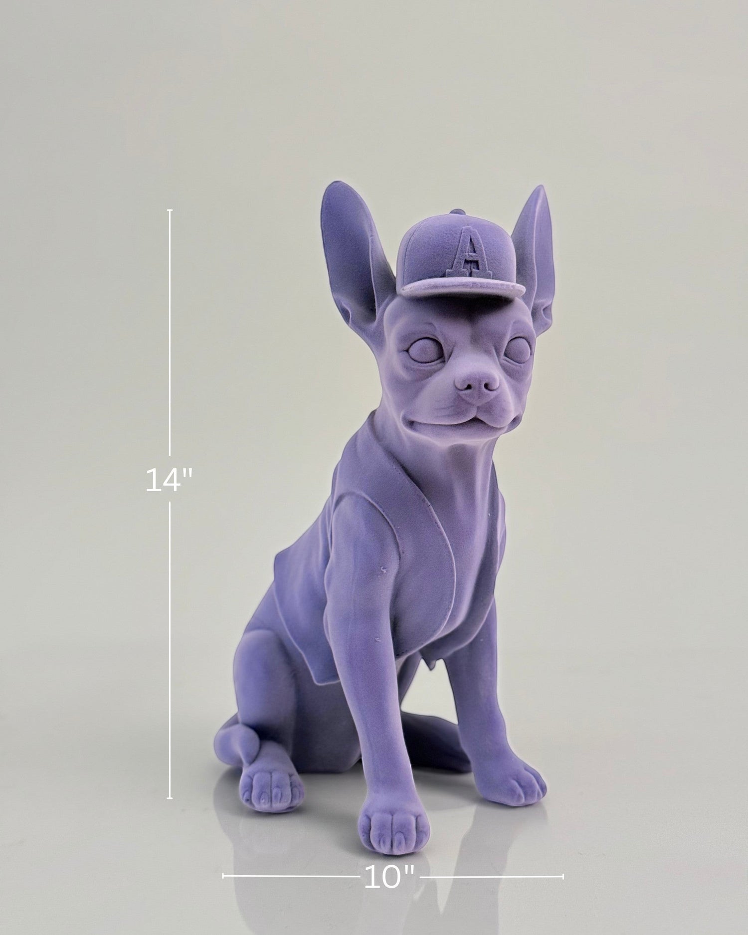 High Objects matte purple French bulldog sculpture wearing a baseball cap and vest, 14" tall.