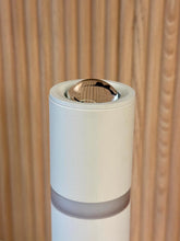 High Objects Pureline Column Table Lamp, white cylindrical lamp with a frosted band and reflective top detail.