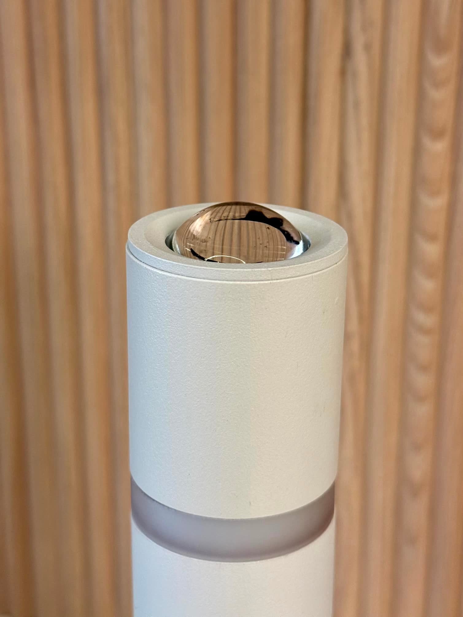 High Objects Pureline Column Table Lamp, white cylindrical lamp with a frosted band and reflective top detail.