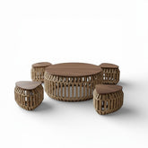 High Objects Rattan Circle Coffee Table Set with 4 stools, natural woven design, wooden tops. Modern living room furniture.