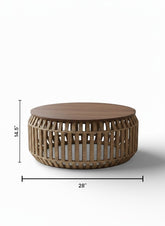 High Objects Rattan Circle Coffee Table Set with 4 stools, natural woven design, wooden tops. Modern living room furniture.