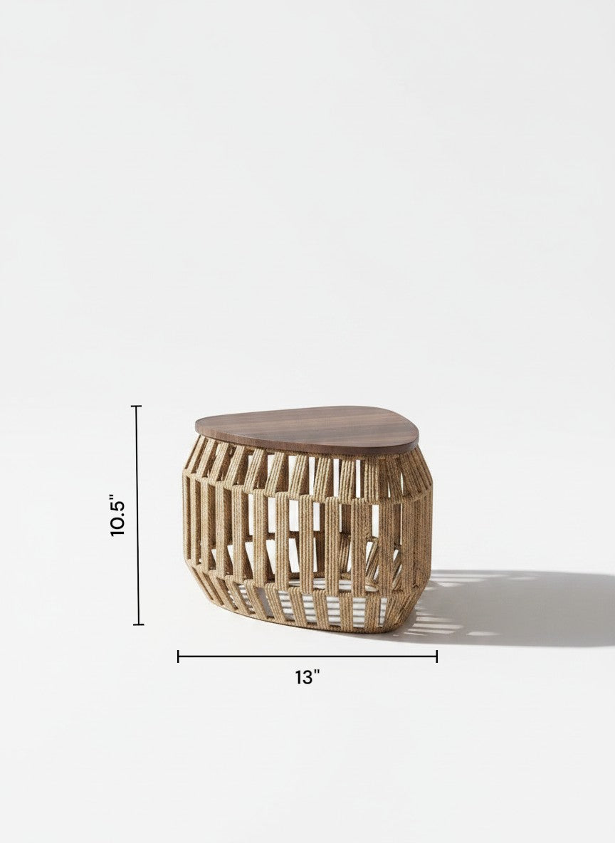 High Objects Rattan Circle Coffee Table Set with four stools, natural woven design, and wooden tops. Modern living room decor.