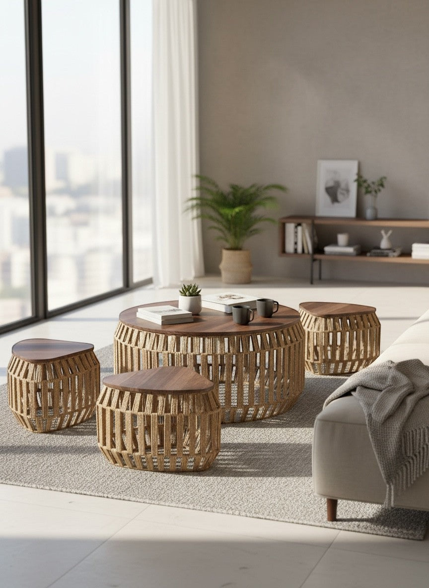 High Objects Rattan Circle Coffee Table Set with 4 stools, natural woven design, wooden tops. Modern living room decor.