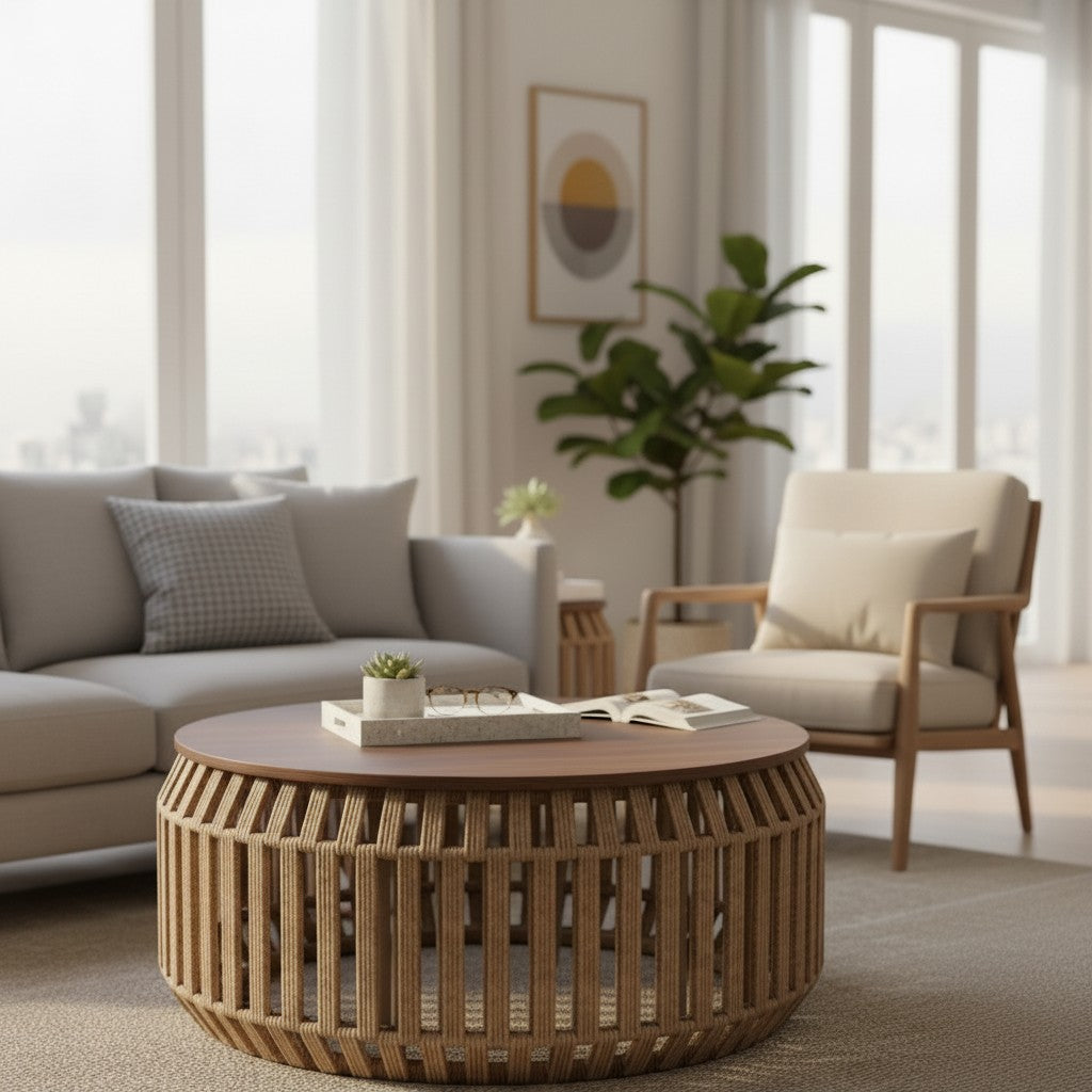 High Objects Rattan Circle Coffee Table Set with wooden top and woven base, includes 4 stools. Natural, modern elegance.