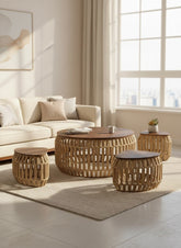 High Objects Rattan Circle Coffee Table Set with wooden top and 4 stools, natural woven design.