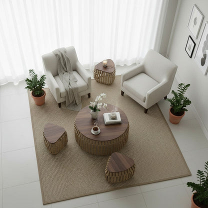 High Objects Rattan Circle Coffee Table Set with wooden top and four stools, natural woven design, modern living room decor.