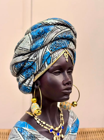 High Objects Regal Essence Woman Showpiece with blue and white headwrap, gold jewelry, and intricate details.