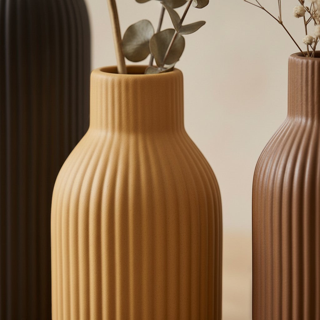 High Objects ribbed ceramic vases in charcoal, ochre, and rust, holding dried botanicals. Modern decor.