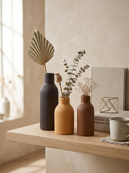 High Objects set of 3 ribbed ceramic vases in black, mustard yellow, and brown