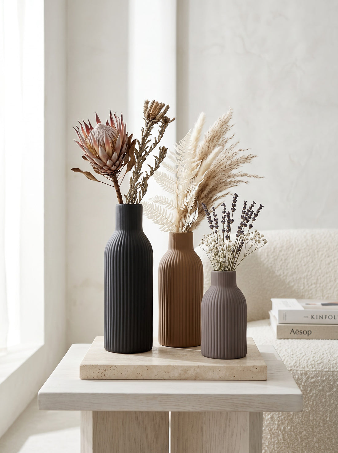 High Objects set of 3 ribbed ceramic vases in tan, black, and taupe. Modern minimalist design.
