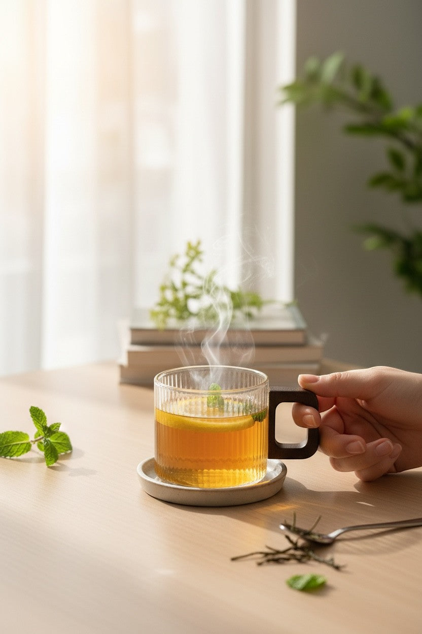 High Objects ORBITO glass cup with ribbed texture and geometric handle, filled with hot tea and lemon.