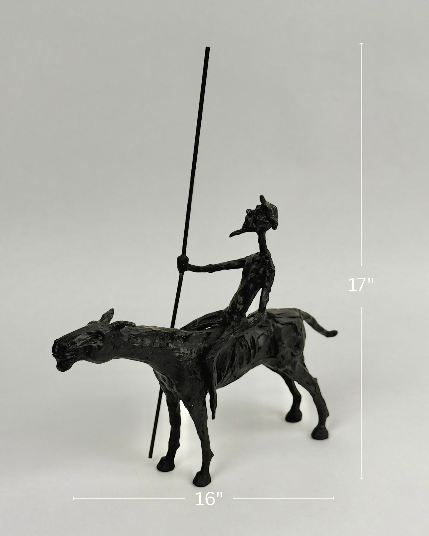 High Objects abstract black-bronze rider sculpture on horse with spear, 17" H x 16" W