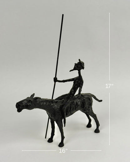High Objects abstract black-bronze rider sculpture on horse with spear, 17" H x 16" W