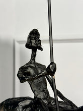 High Objects abstract black-bronze rider sculpture with spear, 17" H x 16" W, textured finish.