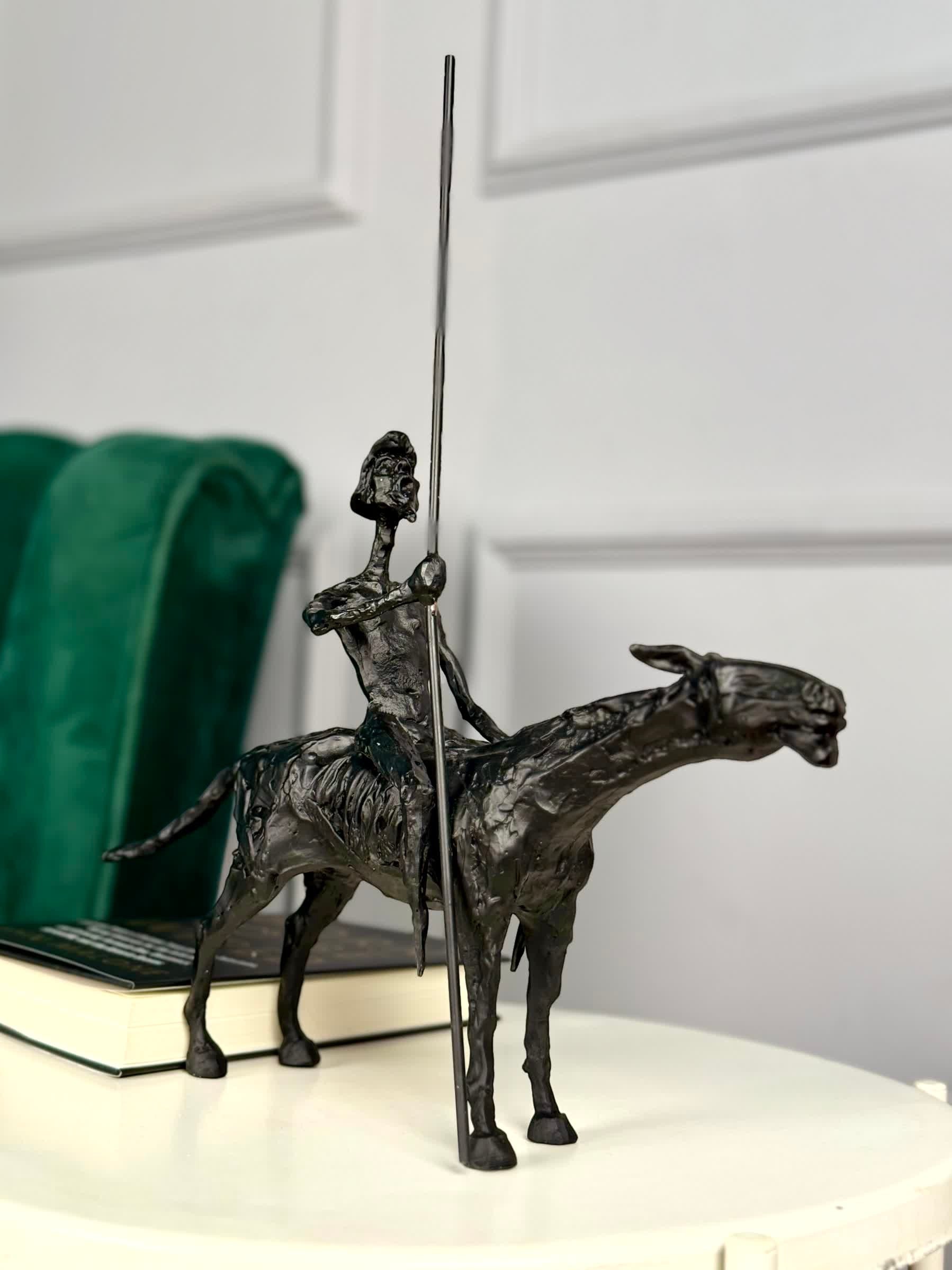 High Objects abstract black-bronze rider sculpture on horse with spear, 17" tall.