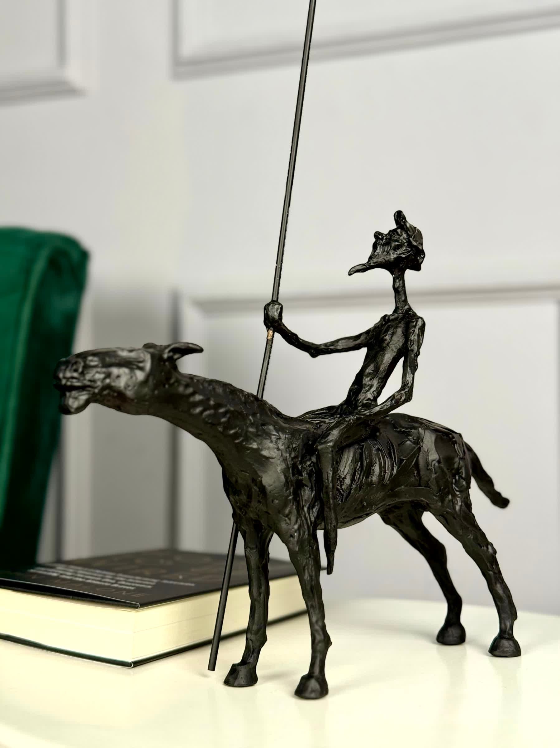 High Objects abstract black-bronze rider sculpture on horse with spear, 17" tall