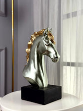 High Objects silver horse head bust with gold mane on black base, majestic polyresin showpiece.