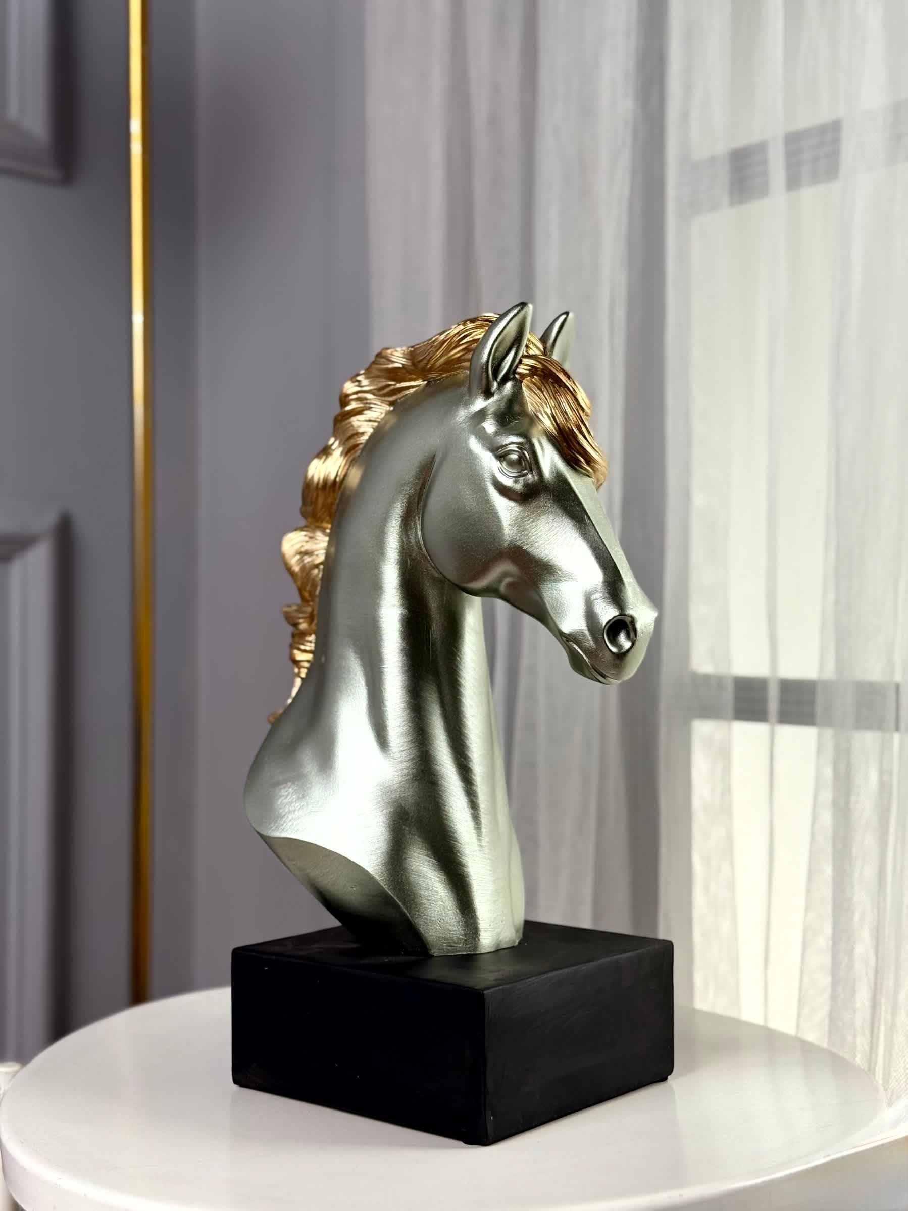 High Objects silver horse head bust with gold mane on black base, majestic polyresin showpiece.