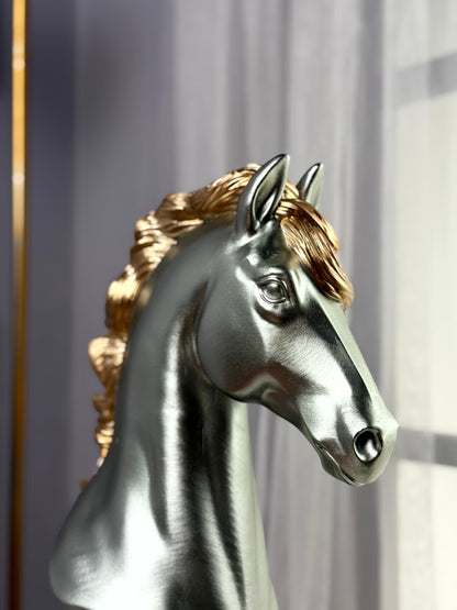 High Objects silver horse head showpiece with gold mane on black base. Polyresin decor.