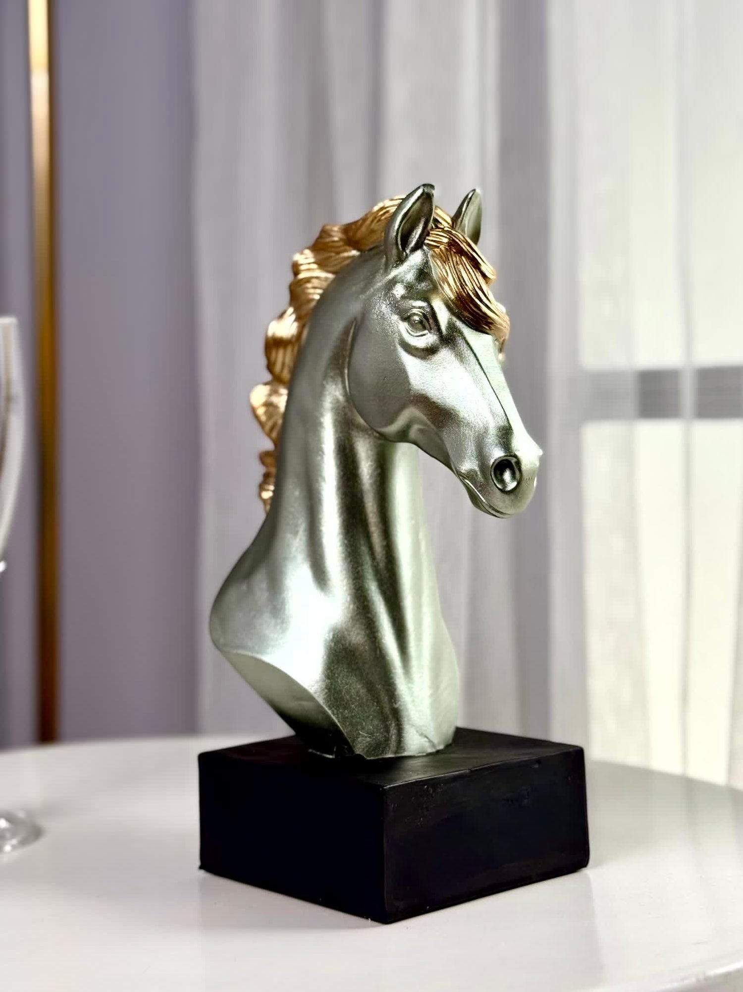 High Objects silver horse head bust with gold mane on black base, polyresin showpiece.